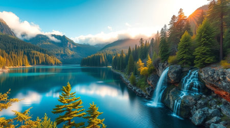 Mountain lake with a waterfall and coniferous forest at sunsetの写真素材