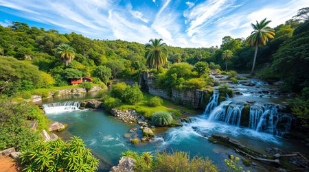 Beautiful waterfall in tropical rainforest, Sri Lanka. Panoramaの写真素材