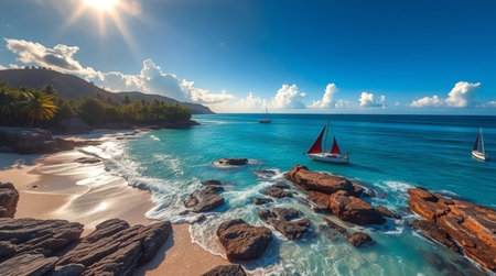 Panoramic aerial view of Seychelles beach on a sunny dayの写真素材