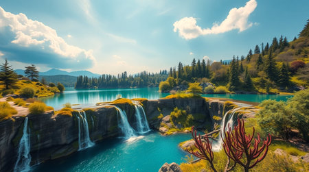 Panorama of a beautiful lake with waterfalls and lush greeneryの写真素材