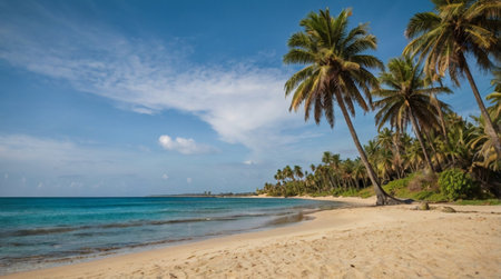 Tropical beach with palm trees and blue sky, Dominican Republicの写真素材