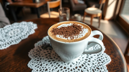 Cappuccino coffee cup on table in cafe, stock photoの写真素材