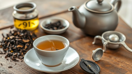 tea set on a wooden table, close-up, selective focusの写真素材
