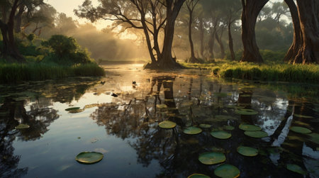 Landscape of a river in the morning mist with trees and water liliesの写真素材