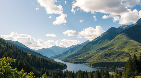 Panoramic view of the lake in the mountains. Beautiful summer landscape.の写真素材