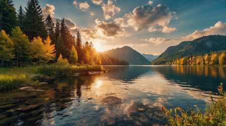 Mountain lake with clear water surrounded by coniferous forest at sunsetの写真素材