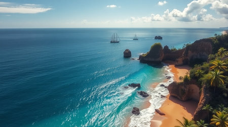 Aerial view of beautiful beach with turquoise water, rocks, palm trees and boats in the distance.の写真素材