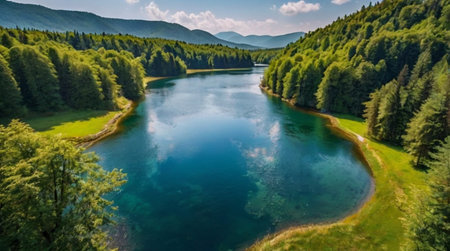 Aerial view of a beautiful lake in the Carpathian mountainsの写真素材
