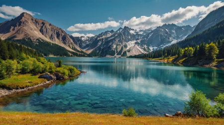 Panoramic view of the mountain lake in the Altai Republic, Russiaの写真素材