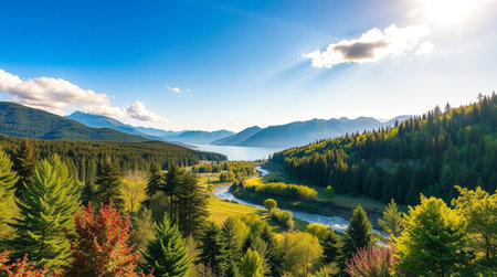 Panoramic view of the mountain river and coniferous forestの写真素材