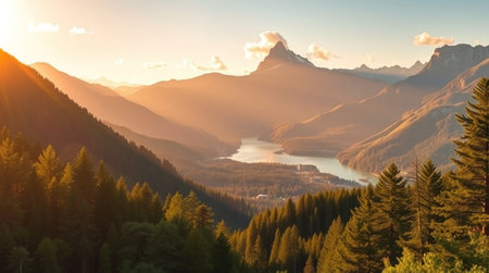 Sunset in the mountains. Panoramic view of the lake.の写真素材