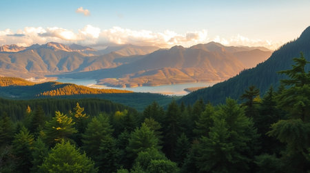 Mountains and lake at sunset in Alaska, United States of Americaの写真素材
