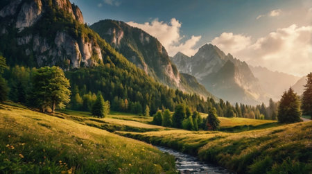 Panoramic view of idyllic summer landscape in Dolomites, Italyの写真素材