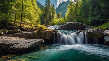 Beautiful waterfall in the forest of the Dolomites, Italyの写真素材