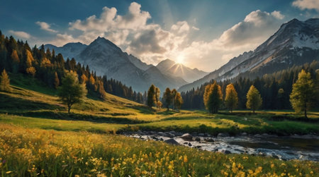 Mountain landscape with river and forest in the foreground, Austria.の写真素材