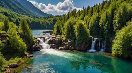 Aerial view of beautiful waterfall in the mountains. Summer landscape.の写真素材