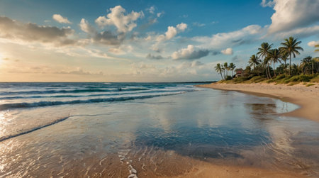 Panoramic view of beautiful tropical beach with palm trees at sunsetの写真素材