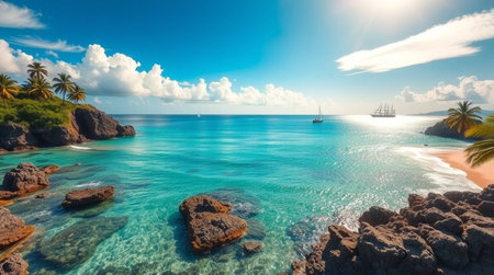 Tropical beach in Seychelles. Panoramic viewの写真素材