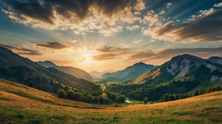 Panoramic view of alpine valley at sunset. Dramatic sky.の写真素材