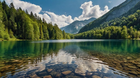 Panoramic view of alpine lake with crystal clear water.の写真素材