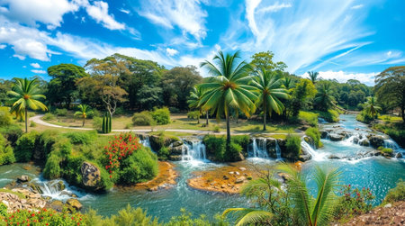Panoramic view of a beautiful tropical waterfall in Sri Lanka.の写真素材