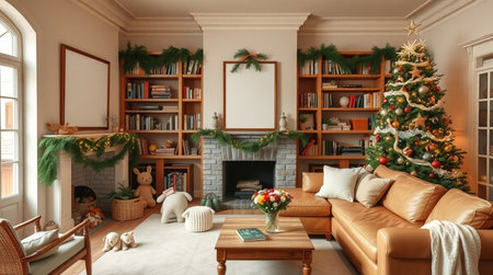 3D rendering of a living room with a Christmas tree and fireplaceの写真素材