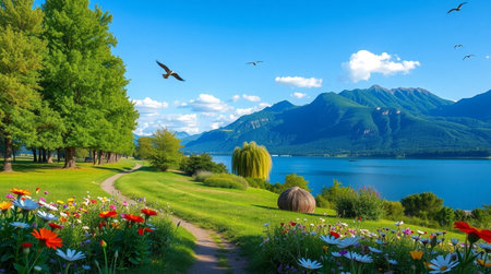Beautiful summer landscape on the shore of Lake Lucerne, Switzerlandの写真素材