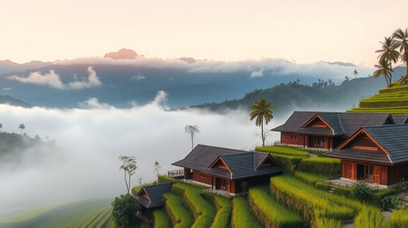 Terraced rice fields in Bali at sunrise, Indonesia.の写真素材