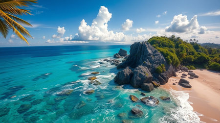 Panoramic aerial view of Seychelles beach, Mahe islandの写真素材