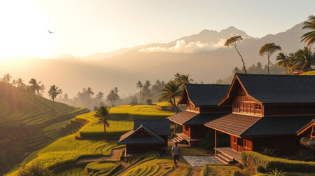 Terraced rice fields at sunset.の写真素材