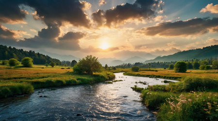 Beautiful sunset over the mountain river in summer. Landscape.の写真素材