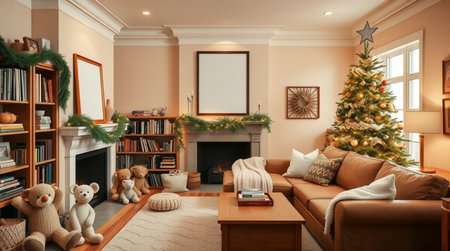 Cozy living room with Christmas tree and fireplace. 3d renderの写真素材