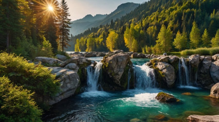 Waterfall in the mountains. Mountain river in the Carpathians.の写真素材