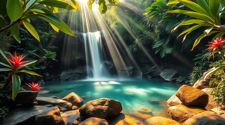 Beautiful waterfall in tropical forest with sunbeam on the water.の写真素材