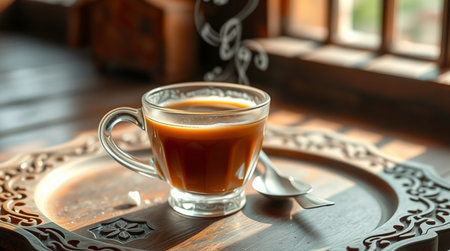 Cup of coffee on the wooden tray. Selective focus.の写真素材