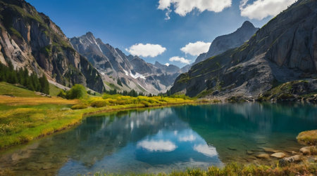 panoramic view of alpine lake with reflection of mountains and cloudsの写真素材