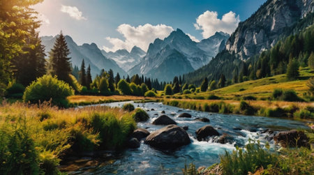 Panoramic view of a mountain river in the Dolomitesの写真素材