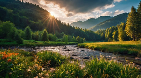 Panoramic view of the mountain river in the summer. Altai, Russiaの写真素材