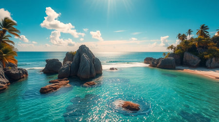 Tropical beach with palm trees and rocks in Seychellesの写真素材