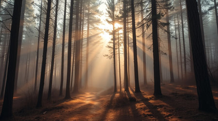 Mysterious dark forest with fog and rays of sunbeams