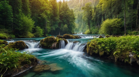 Beautiful waterfall in the forest. Mountain river in the forest.の写真素材