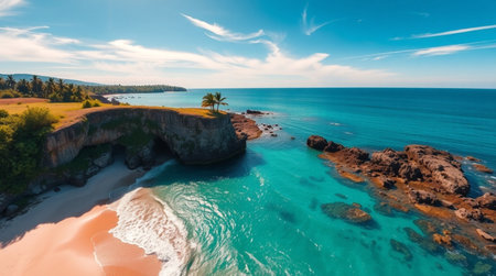Aerial view of beautiful beach with turquoise water and coconut palm tree on the rockの写真素材