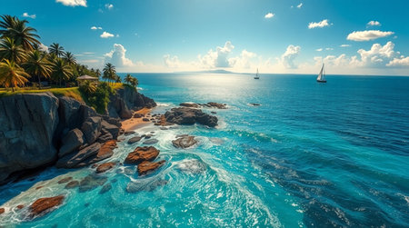 Aerial view of beautiful tropical beach with turquoise sea and blue sky.の写真素材