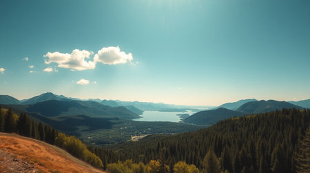 Mountain landscape with lake and forest. Panoramic view.の写真素材
