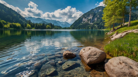 Panoramic view of the lake Eibsee, Bavaria, Germanyの写真素材