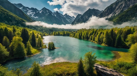 Aerial panoramic view of turquoise mountain lake in the Alps.の写真素材