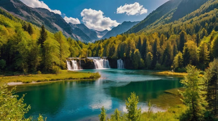 Panoramic view of a waterfall in the mountains. Summer landscape.