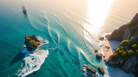 Aerial view of beautiful beach and sea with coconut palm tree at sunset timeの写真素材