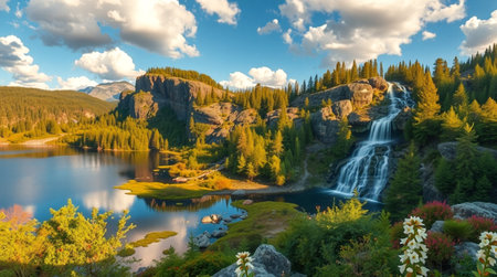 Panoramic view of the mountain lake and the waterfall. Beautiful landscape.の写真素材