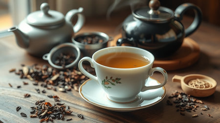Cup of tea and teapot on wooden table, closeup